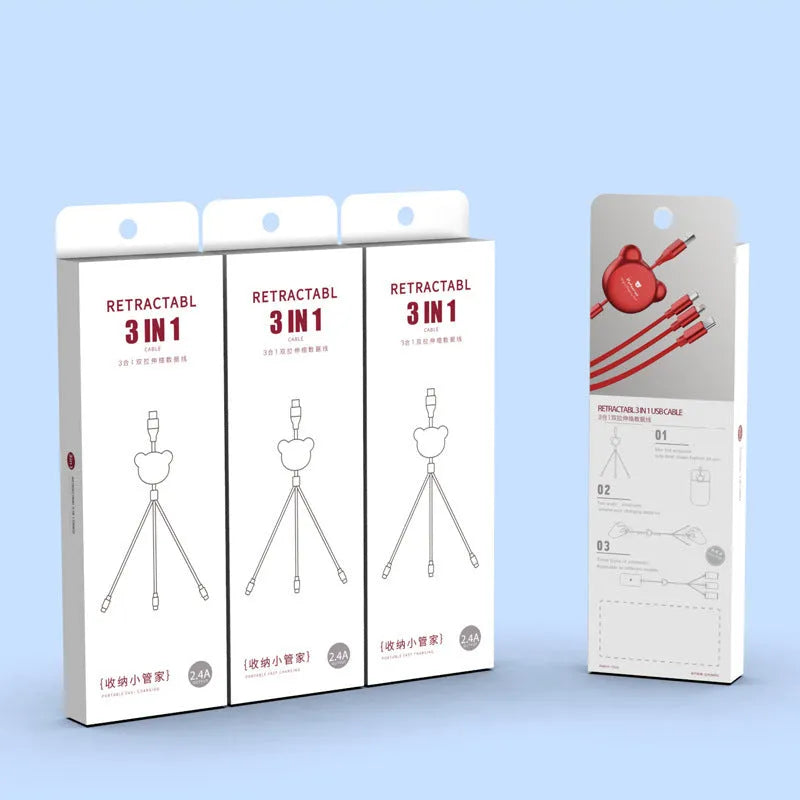 Telescopic bear figure organising red, pink, black, and green Mini USB, 30PIN, and Micro USB data cables.
