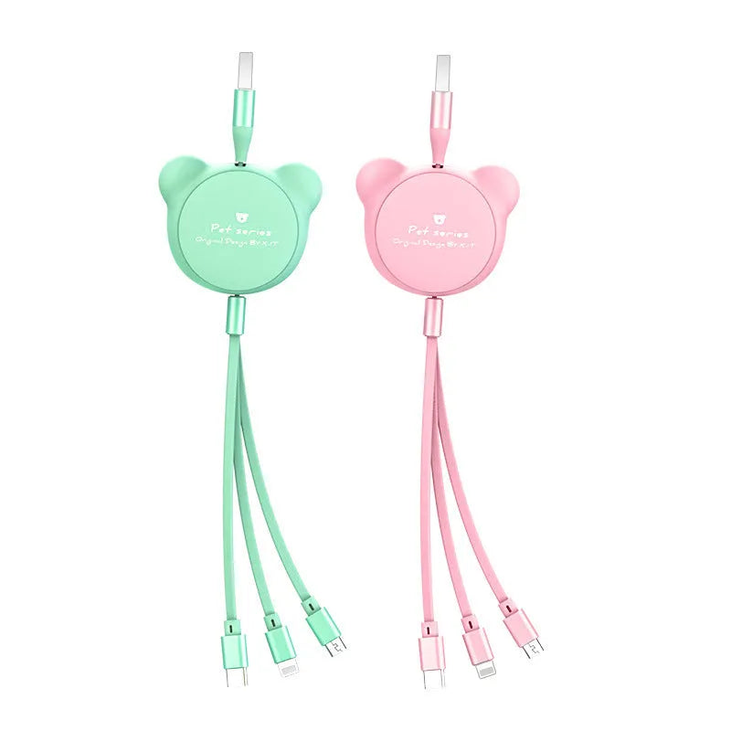 Telescopic bear figure organising red, pink, black, and green Mini USB, 30PIN, and Micro USB data cables.