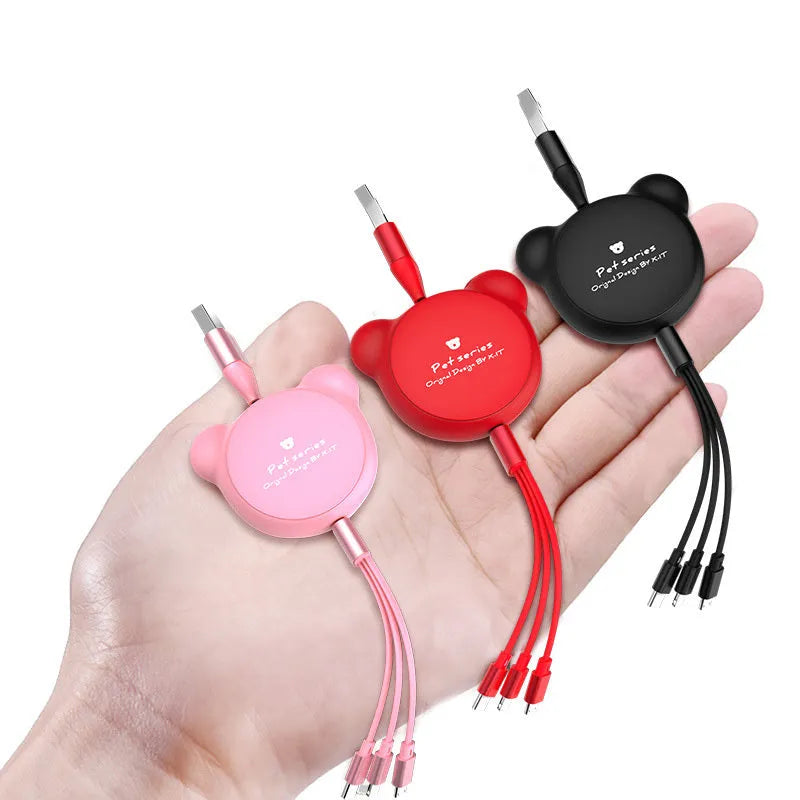 Telescopic bear figure organising red, pink, black, and green Mini USB, 30PIN, and Micro USB data cables.