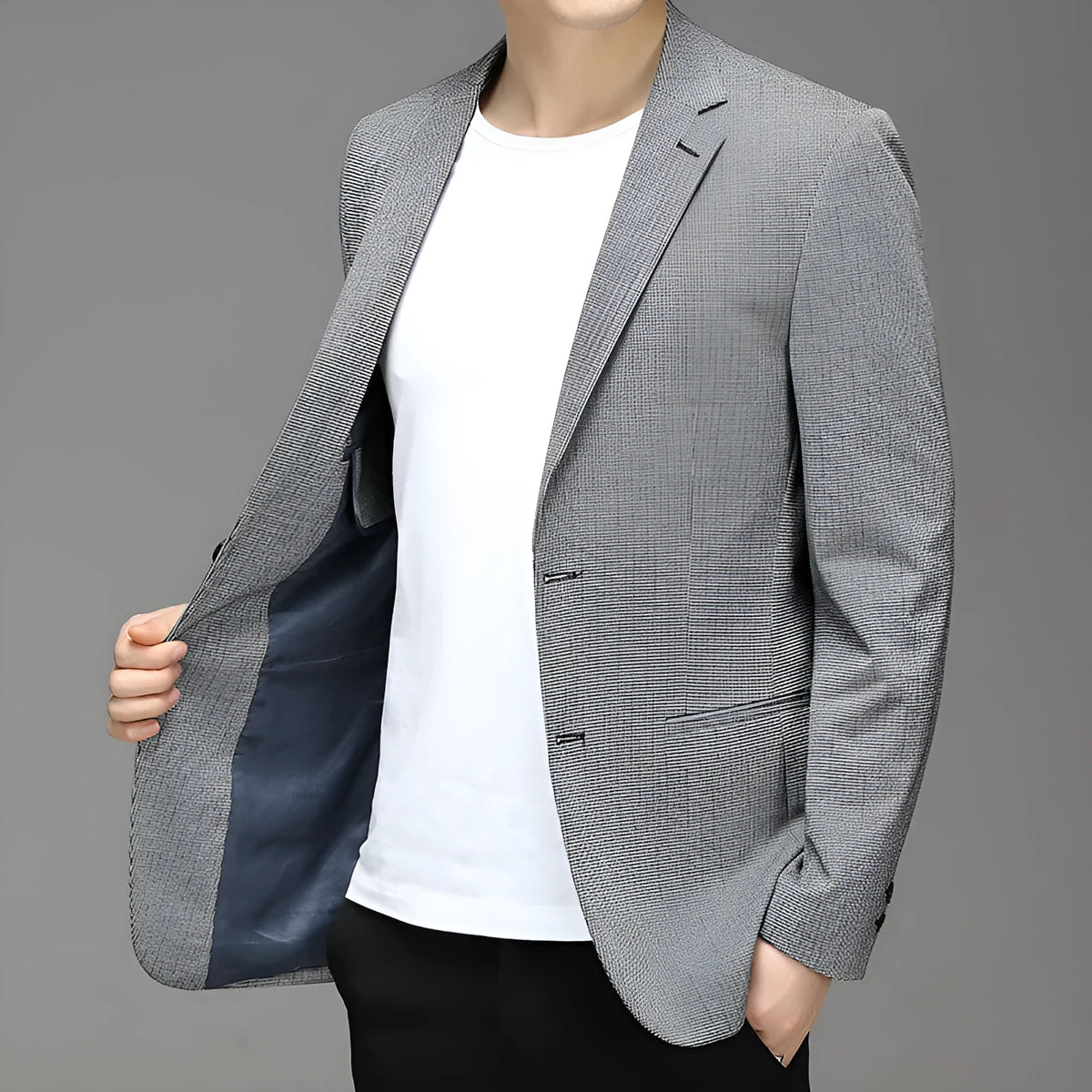 Men's Korean plaid non-iron slim fit suit jacket in grey or blue, sizes M to 4XL