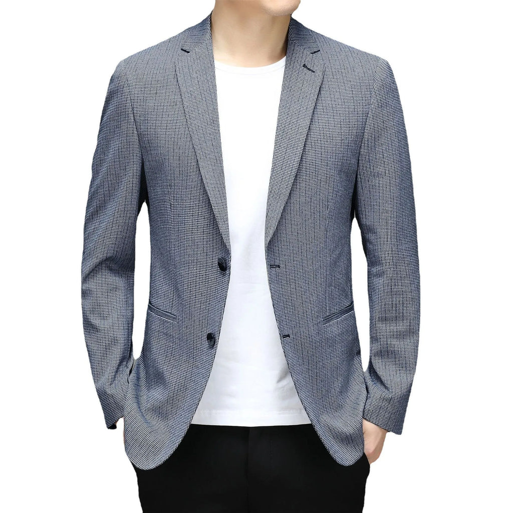 Men's Korean plaid non-iron slim fit suit jacket in grey or blue, sizes M to 4XL