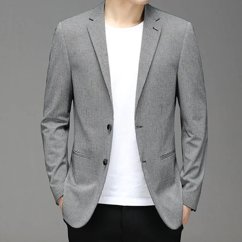 Men's Korean plaid non-iron slim fit suit jacket in grey or blue, sizes M to 4XL