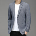 Men's Korean plaid non-iron slim fit suit jacket in grey or blue, sizes M to 4XL