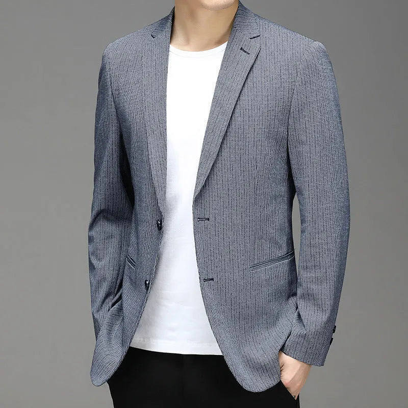 Men's Korean plaid non-iron slim fit suit jacket in grey or blue, sizes M to 4XL