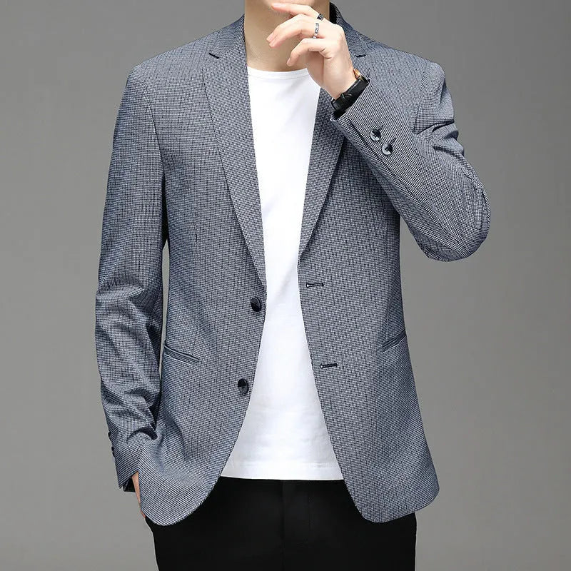 Men's Korean plaid non-iron slim fit suit jacket in grey or blue, sizes M to 4XL