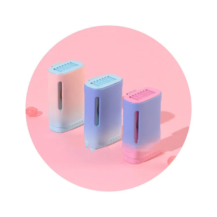 USB rechargeable jelly hanging neck fan in mint peach colour showing handheld and neck-worn modes.