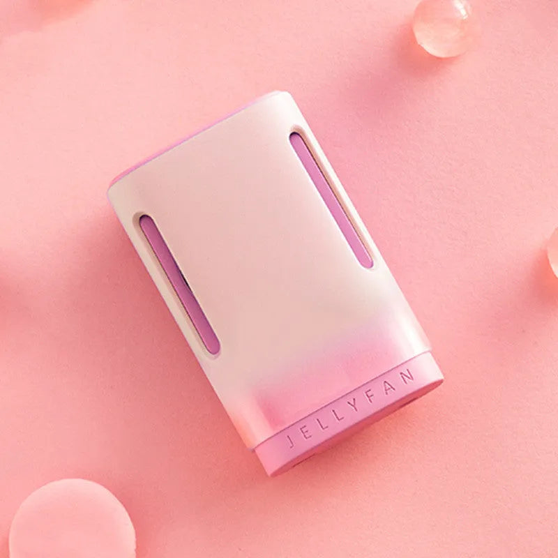 USB rechargeable jelly hanging neck fan in mint peach colour showing handheld and neck-worn modes.