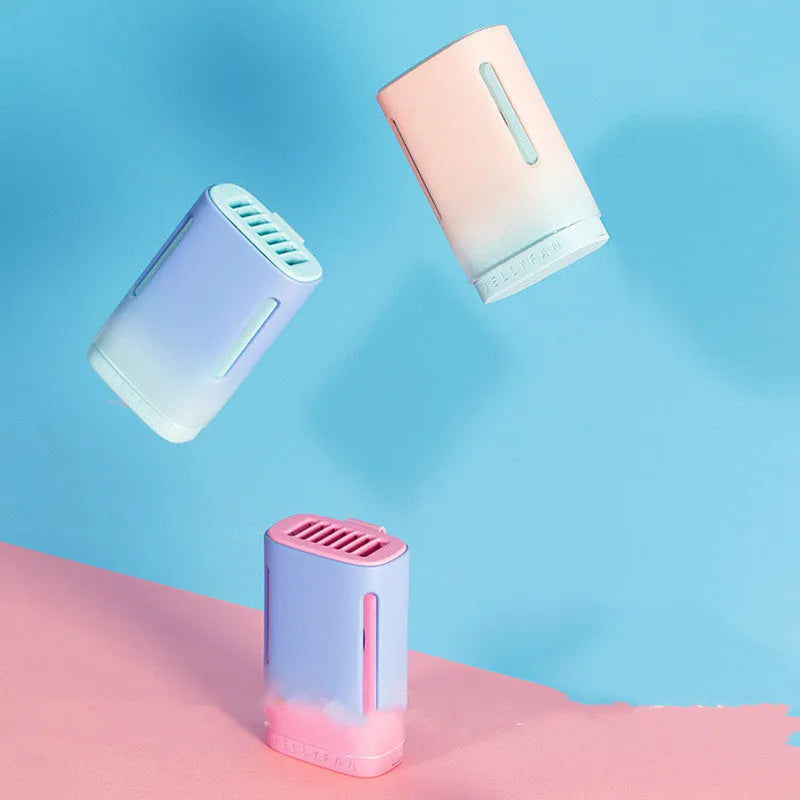 USB rechargeable jelly hanging neck fan in mint peach colour showing handheld and neck-worn modes.