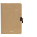 A5 hardcover locked diary in beige camel colour showing integrated lock and closed spine.