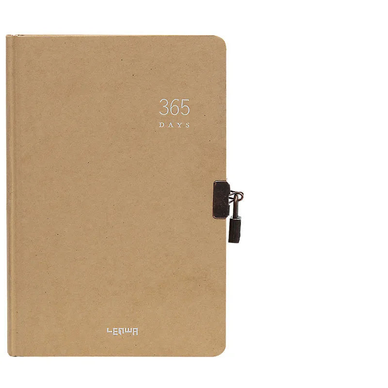 A5 hardcover locked diary in beige camel colour showing integrated lock and closed spine.