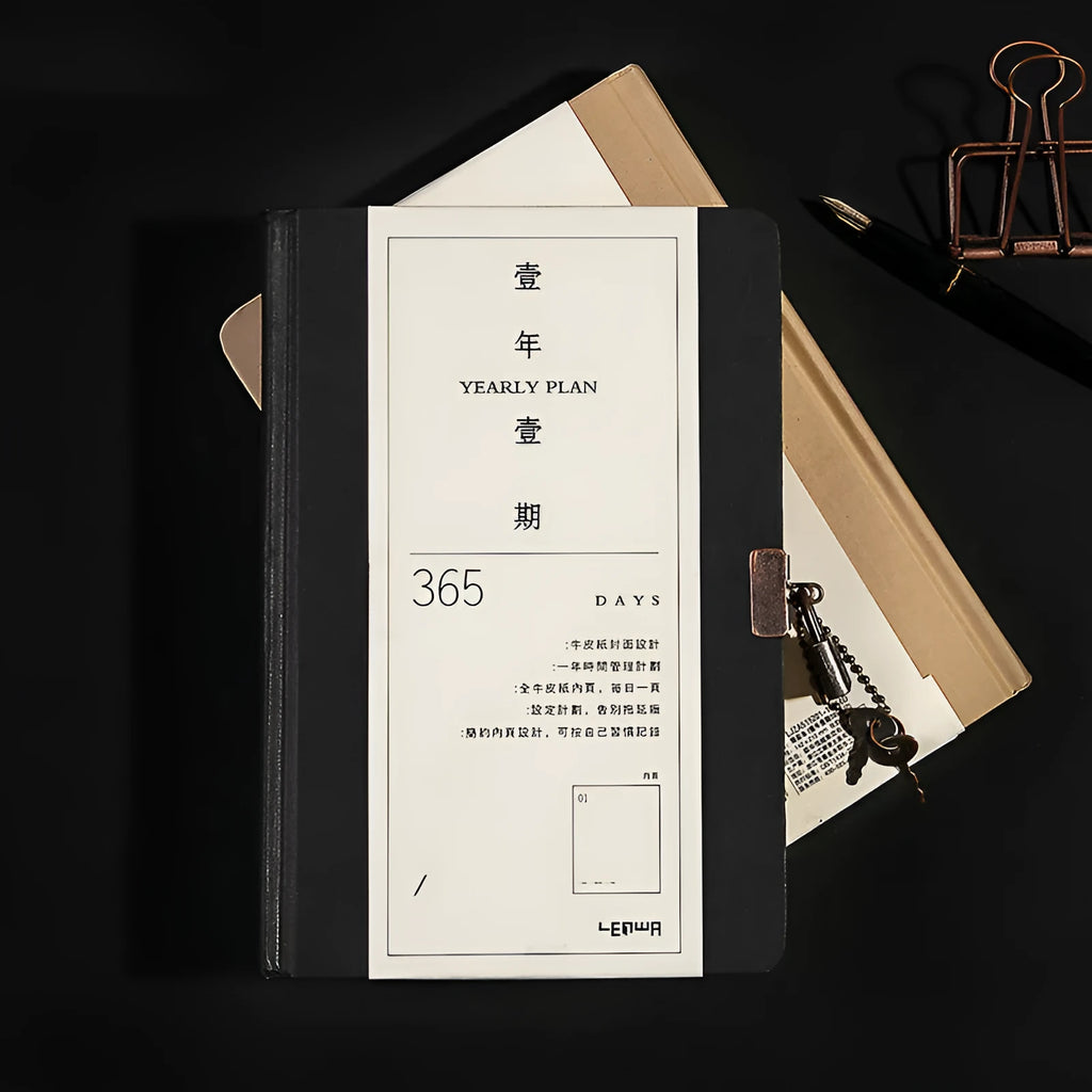 A5 hardcover locked diary in beige camel colour showing integrated lock and closed spine.