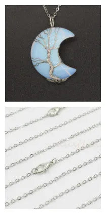 Natural crystal crooked moon pendant necklace set with matching chain, available in multiple colour options.