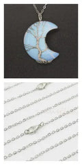 Natural crystal crooked moon pendant necklace set with matching chain, available in multiple colour options.