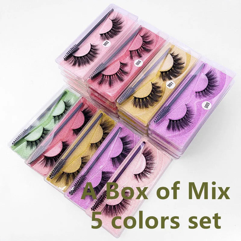 Natural 3D false eyelashes with elongated eye tail, imitation mink, plastic cotton thread stem, includes brush.