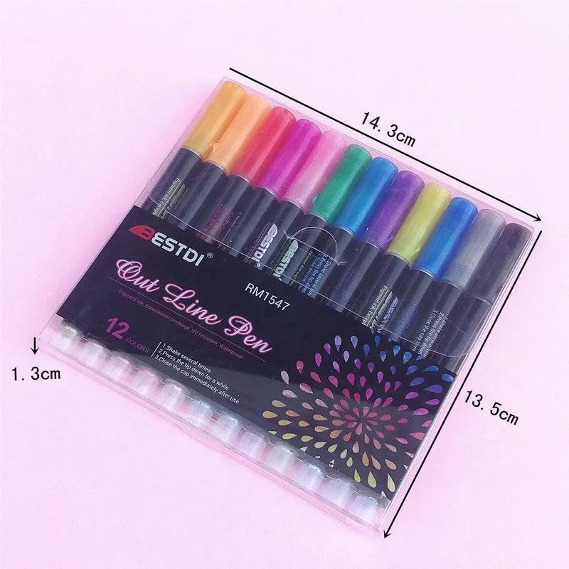 Boxed set of twelve double-line contour pens in assorted colours for art and highlighting.