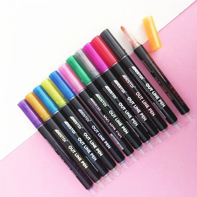 Boxed set of twelve double-line contour pens in assorted colours for art and highlighting.