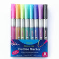 Boxed set of twelve double-line contour pens in assorted colours for art and highlighting.