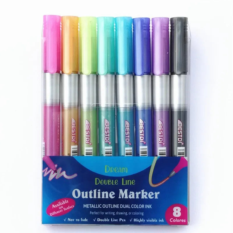 Boxed set of twelve double-line contour pens in assorted colours for art and highlighting.