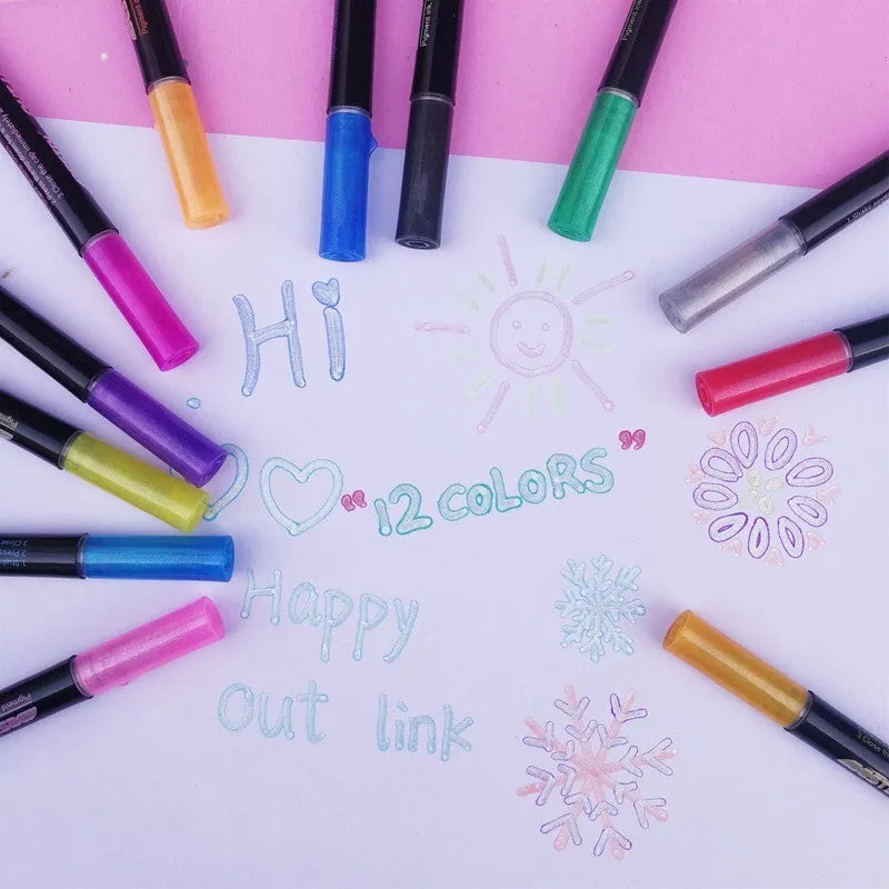 Boxed set of twelve double-line contour pens in assorted colours for art and highlighting.