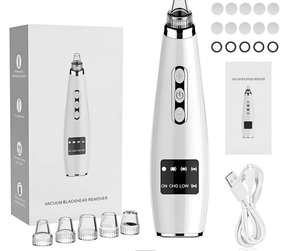 Black electric blackhead suction instrument, 173x44x40mm, 133g, with USB charging and five gears.