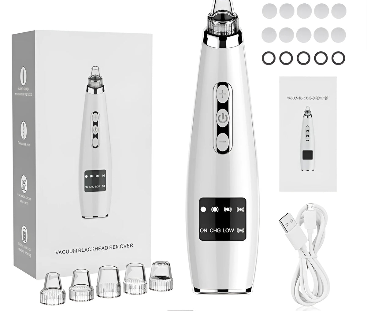 Black electric blackhead suction instrument, 173x44x40mm, 133g, with USB charging and five gears.