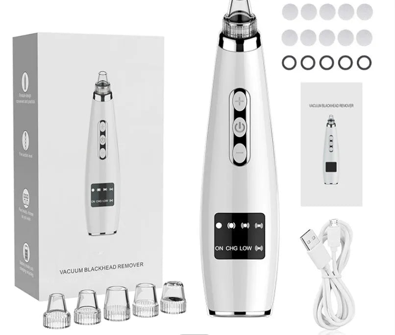 Black electric blackhead suction instrument, 173x44x40mm, 133g, with USB charging and five gears.