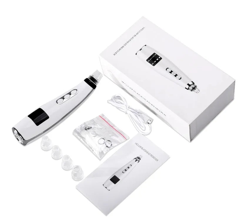 Black electric blackhead suction instrument, 173x44x40mm, 133g, with USB charging and five gears.