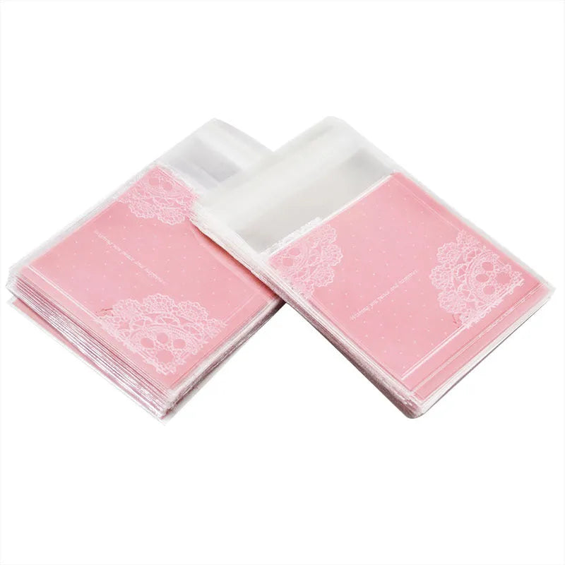 Pink self-adhesive plastic bag with resealable flap for packaging handmade soap, shown sealed.