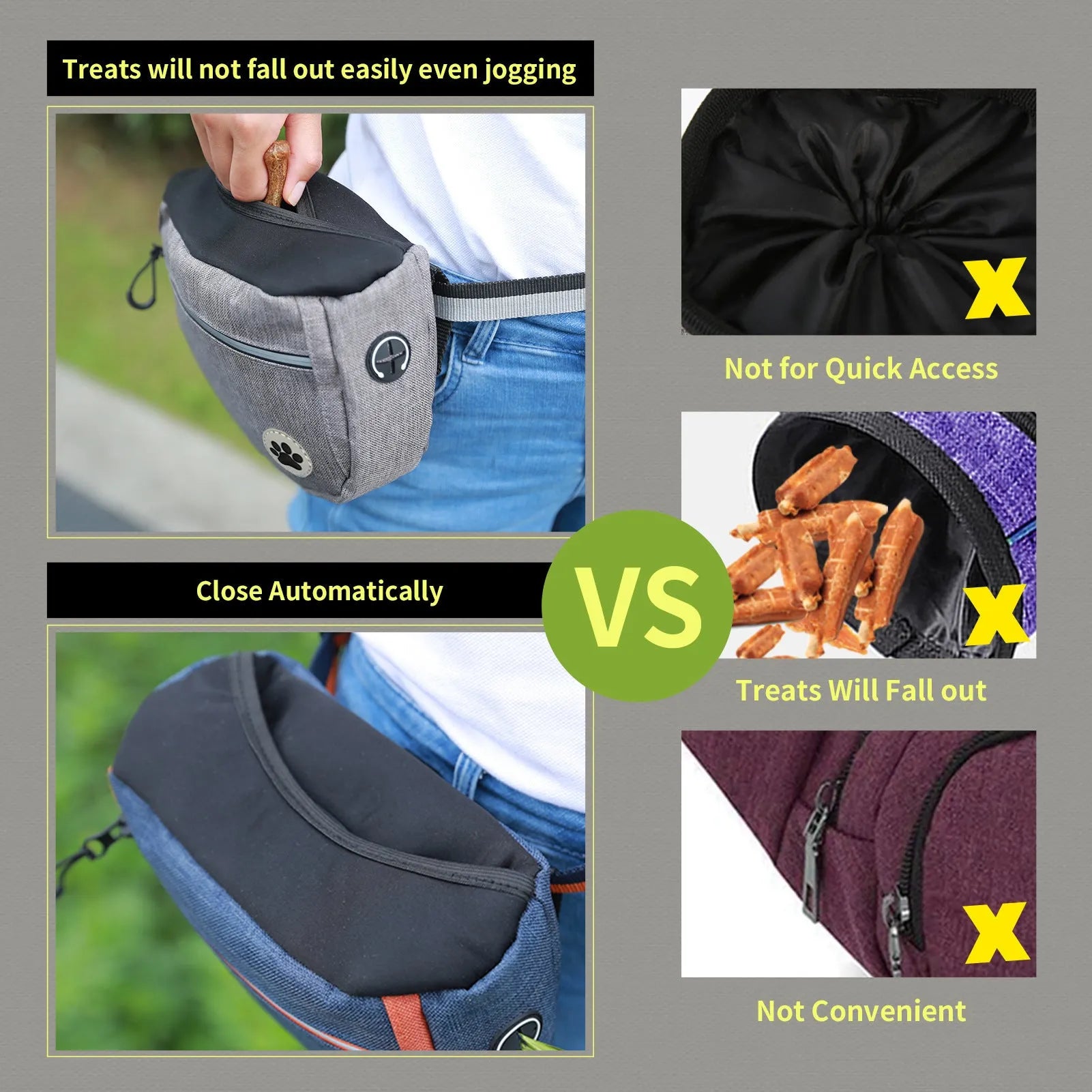 Grey Oxford fabric pet snack bag for dog walking and training, 21cm compact pouch with single pocket