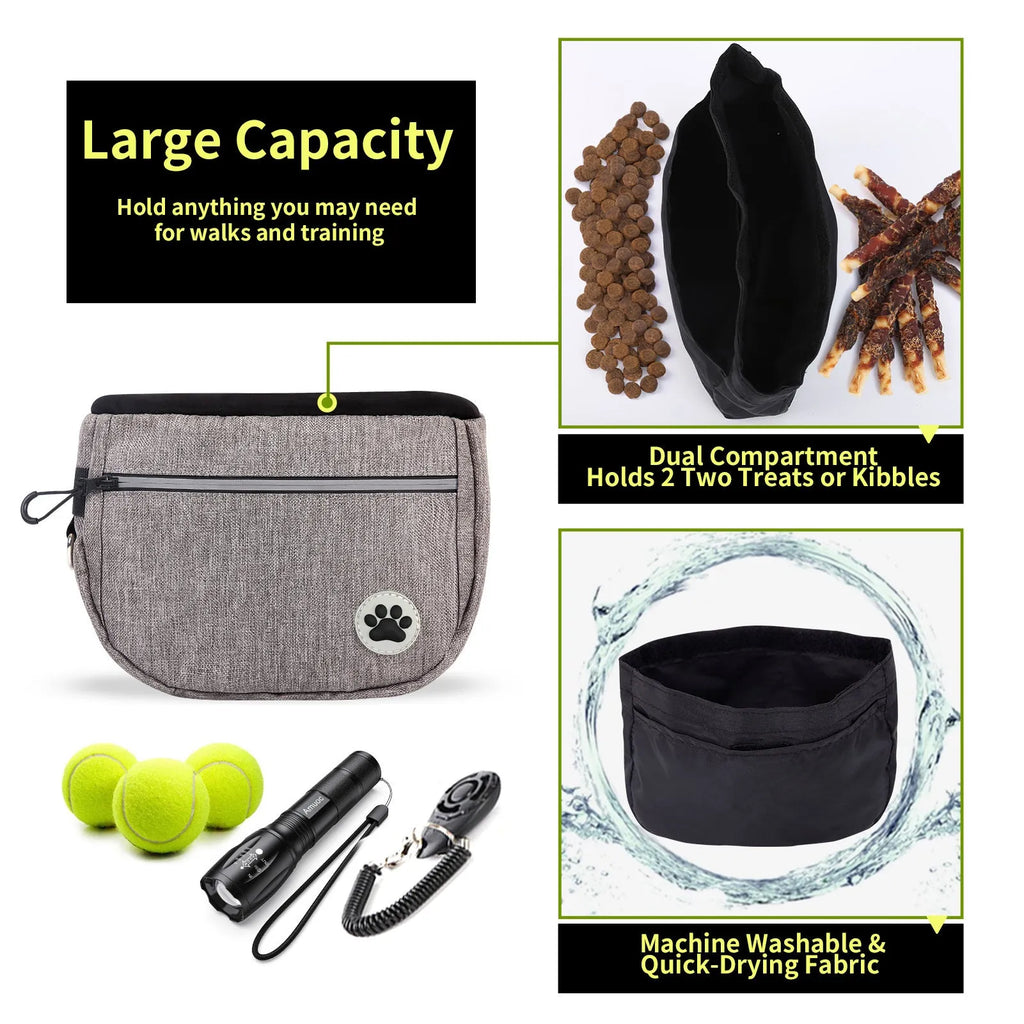 Grey Oxford fabric pet snack bag for dog walking and training, 21cm compact pouch with single pocket