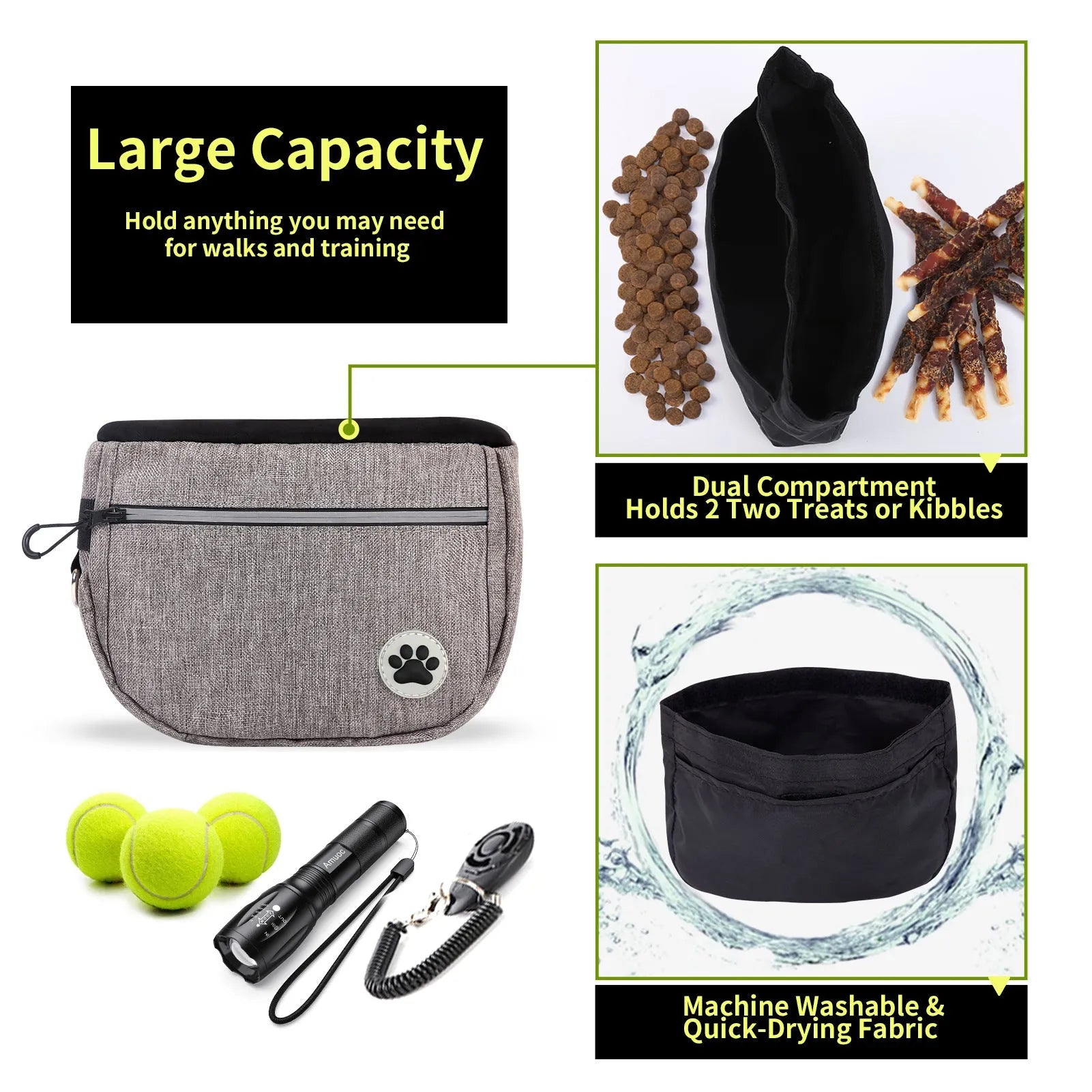 Grey Oxford fabric pet snack bag for dog walking and training, 21cm compact pouch with single pocket