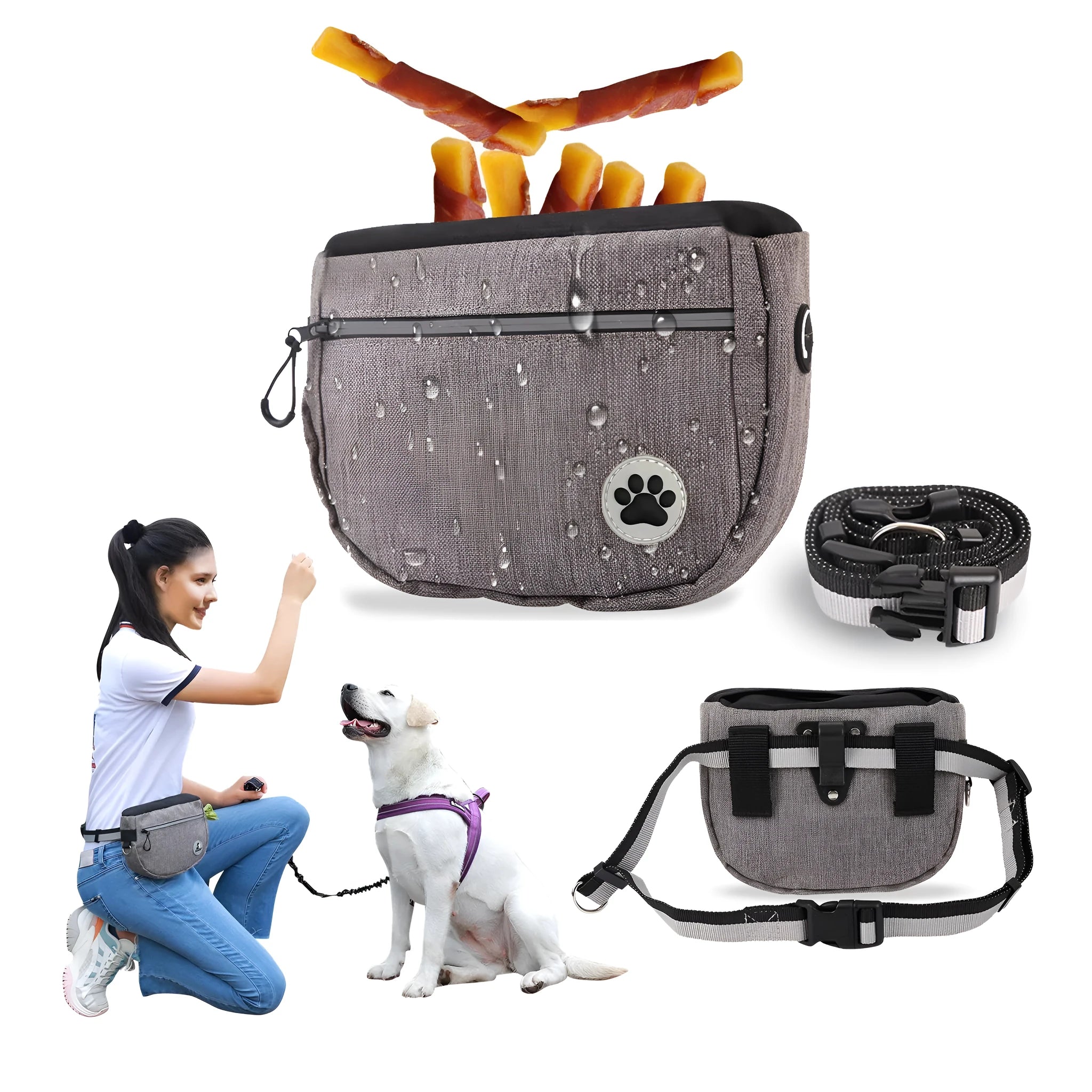 Grey Oxford fabric pet snack bag for dog walking and training, 21cm compact pouch with single pocket