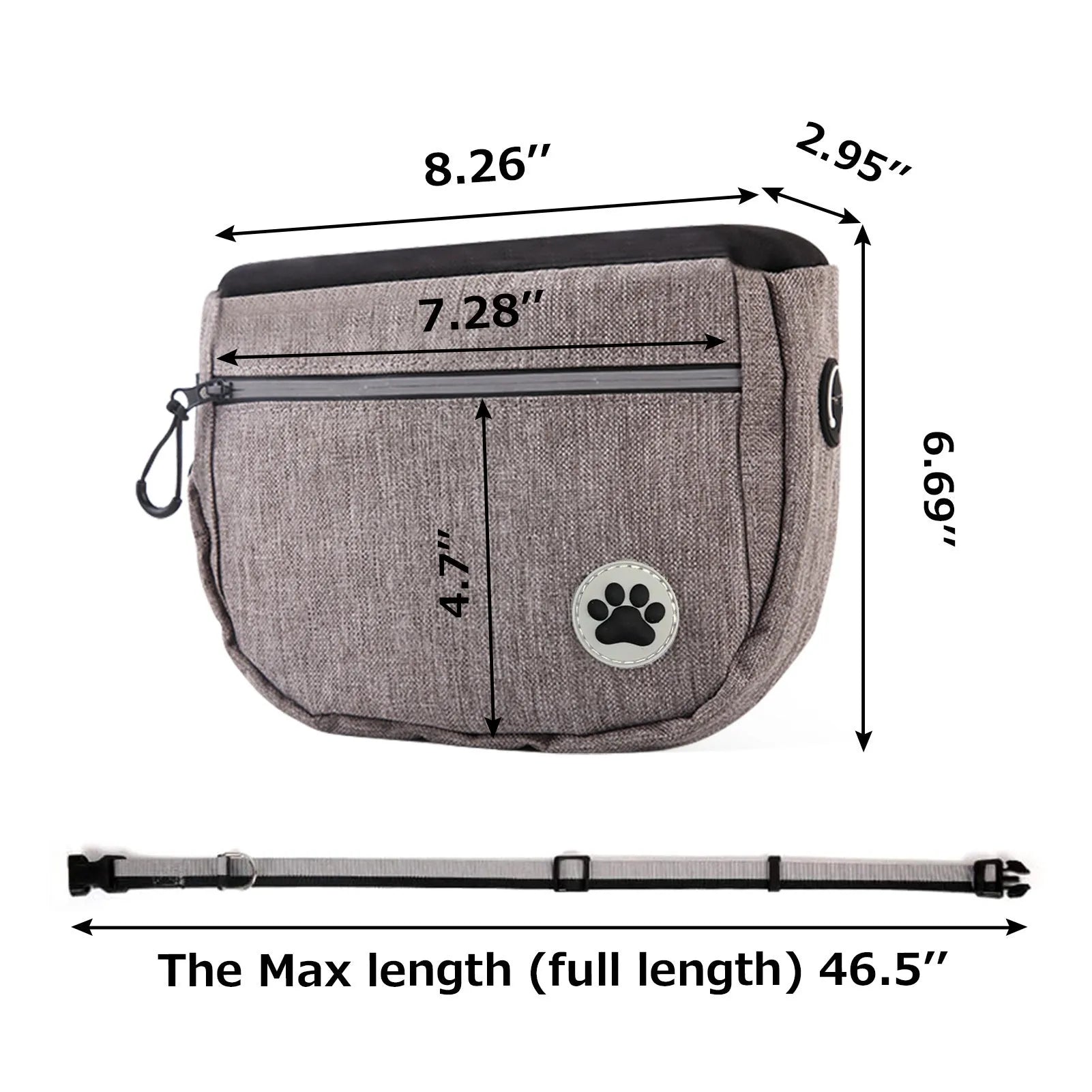 Grey Oxford fabric pet snack bag for dog walking and training, 21cm compact pouch with single pocket