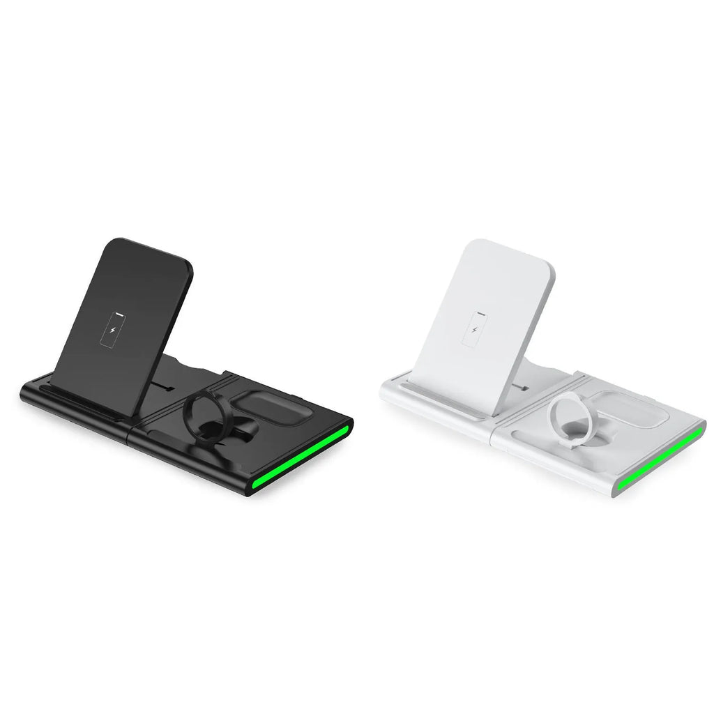 Detachable wireless charging stand in white or black with 9V output, 1200mA current, and indicator light