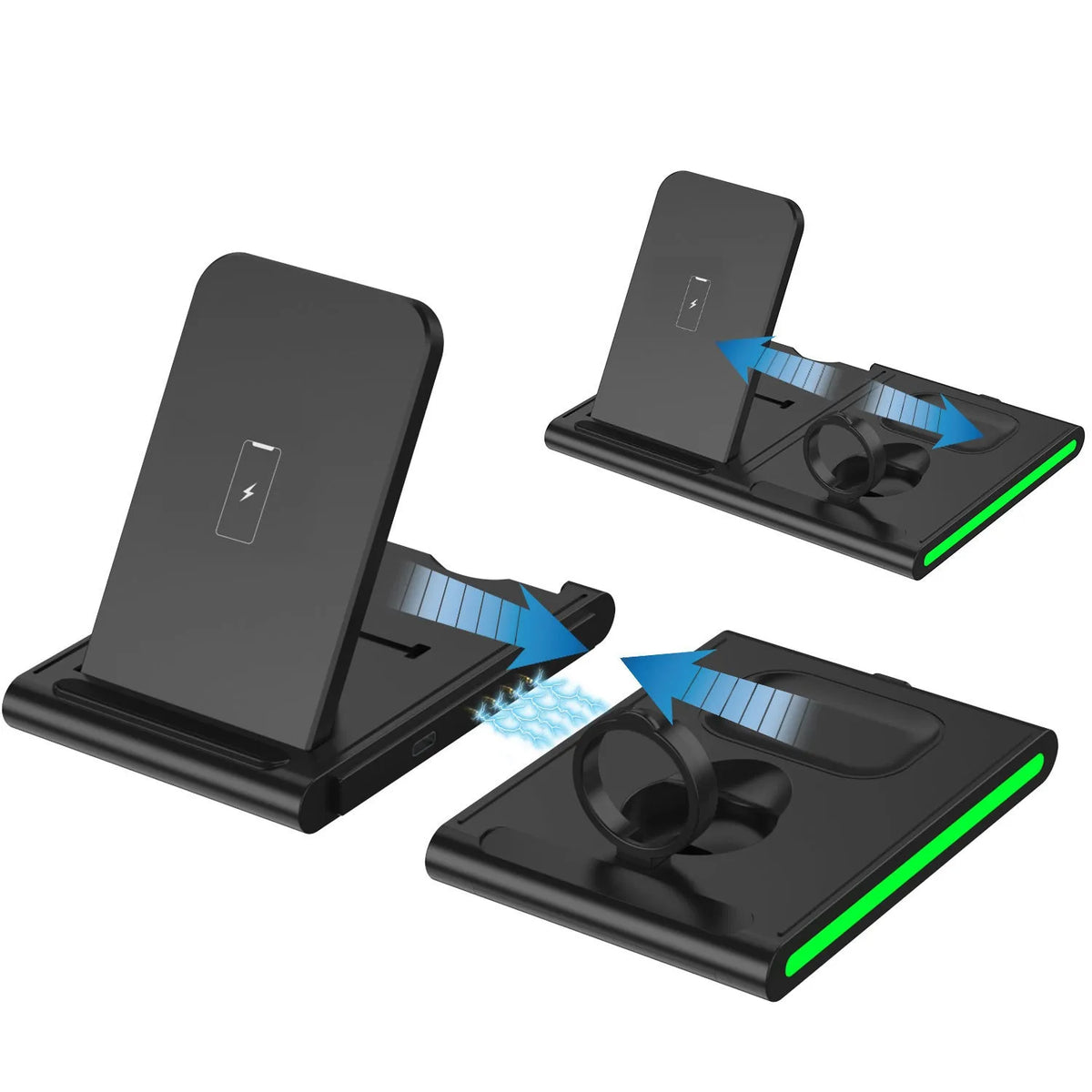 Detachable wireless charging stand in white or black with 9V output, 1200mA current, and indicator light