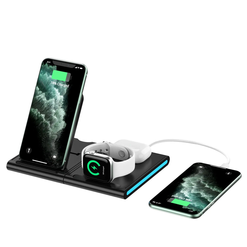 Detachable wireless charging stand in white or black with 9V output, 1200mA current, and indicator light
