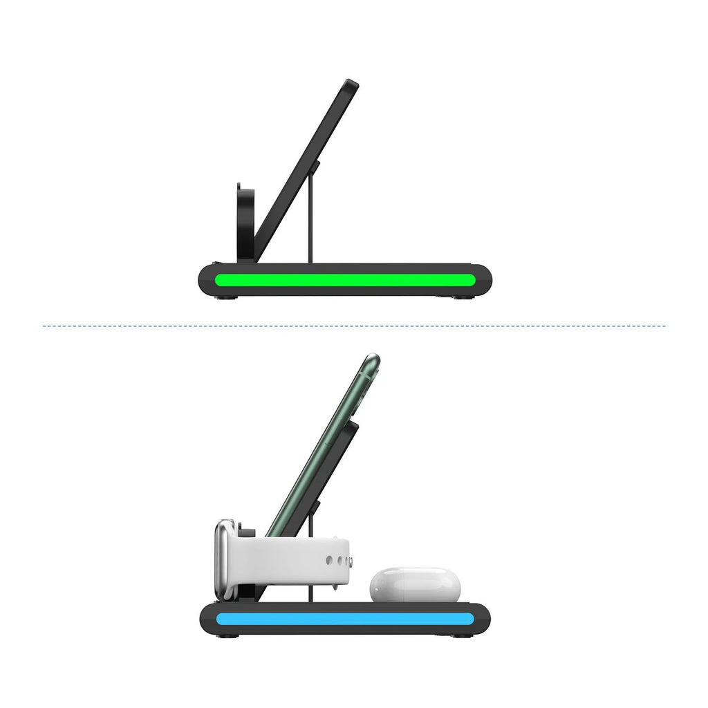 Detachable wireless charging stand in white or black with 9V output, 1200mA current, and indicator light