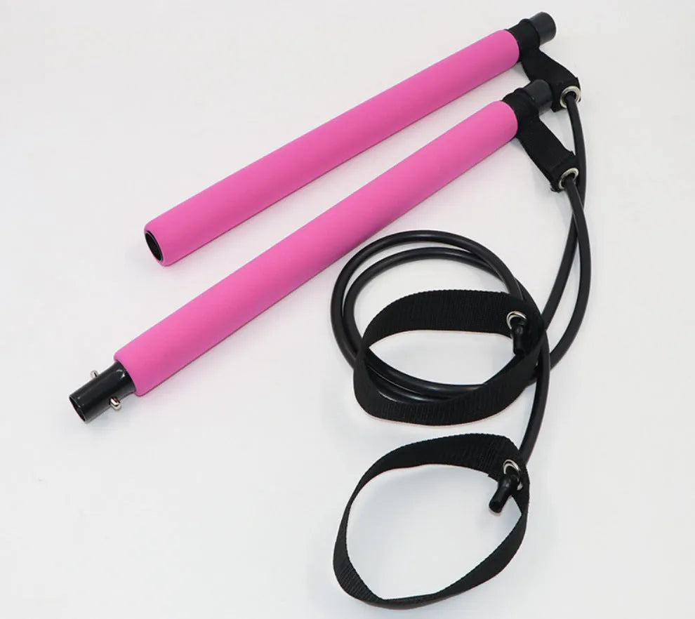 Multifunctional Pilates bar with stainless steel tube and NBR foam grip, available in purple, blue and rose red.