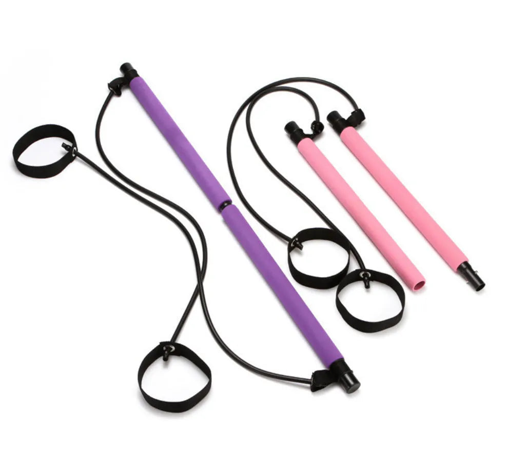 Multifunctional Pilates bar with stainless steel tube and NBR foam grip, available in purple, blue and rose red.
