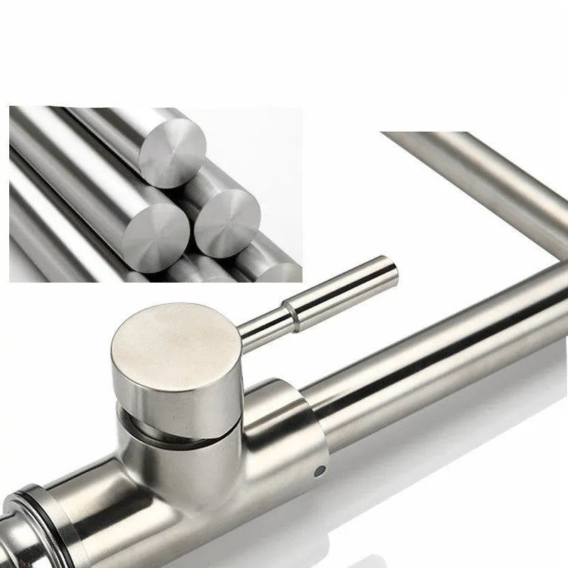 Silver stainless steel kitchen tap with dual handles and 360-degree rotating spout