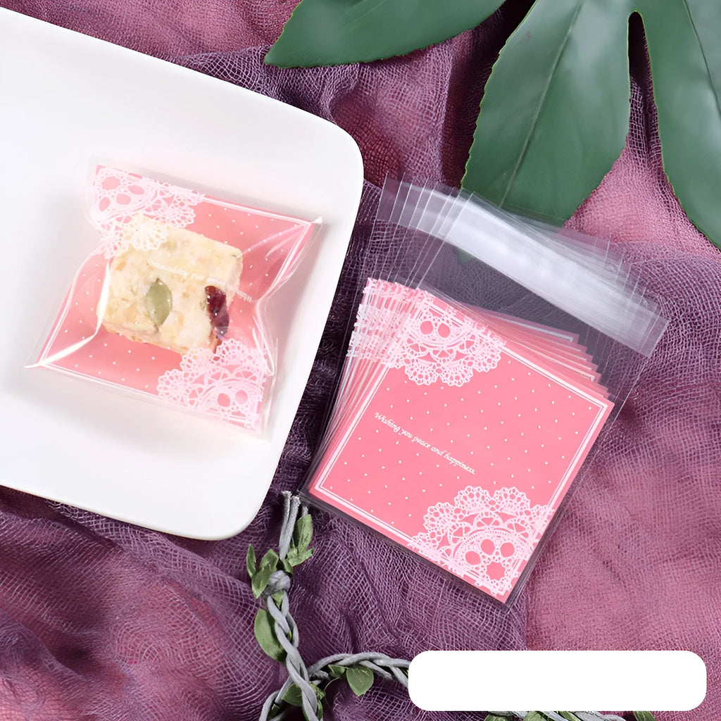 Pink self-adhesive plastic bag with resealable flap for packaging handmade soap, shown sealed.