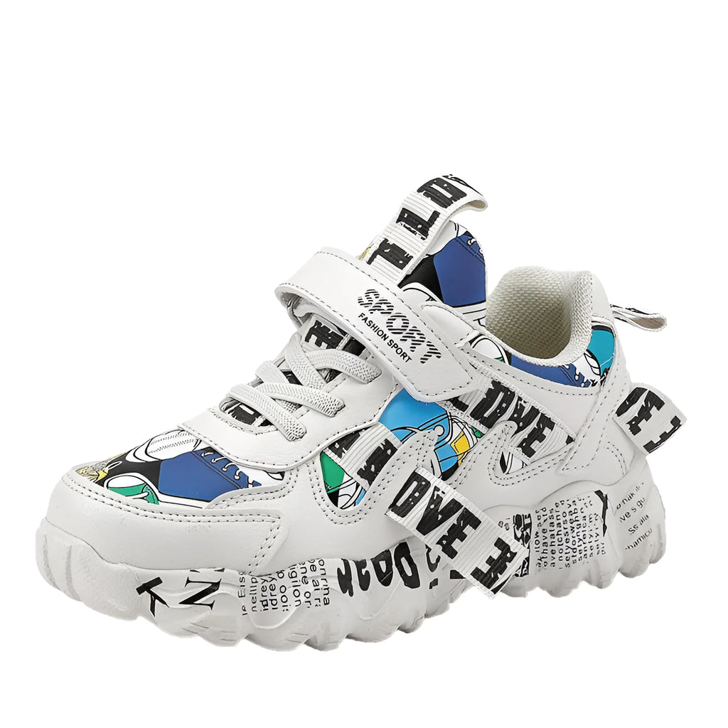 Kids blue and white sneakers with velcro strap on a rubber sole.