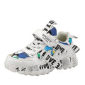Kids blue and white sneakers with velcro strap on a rubber sole.