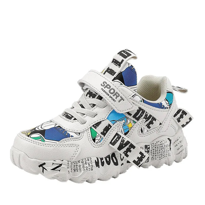 Kids blue and white sneakers with velcro strap on a rubber sole.