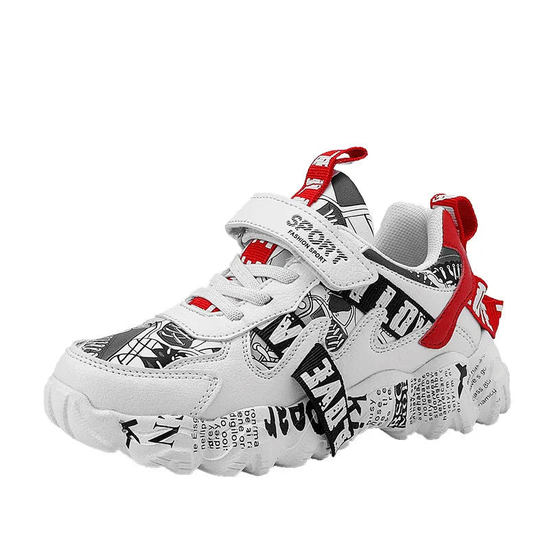 Kids blue and white sneakers with velcro strap on a rubber sole.