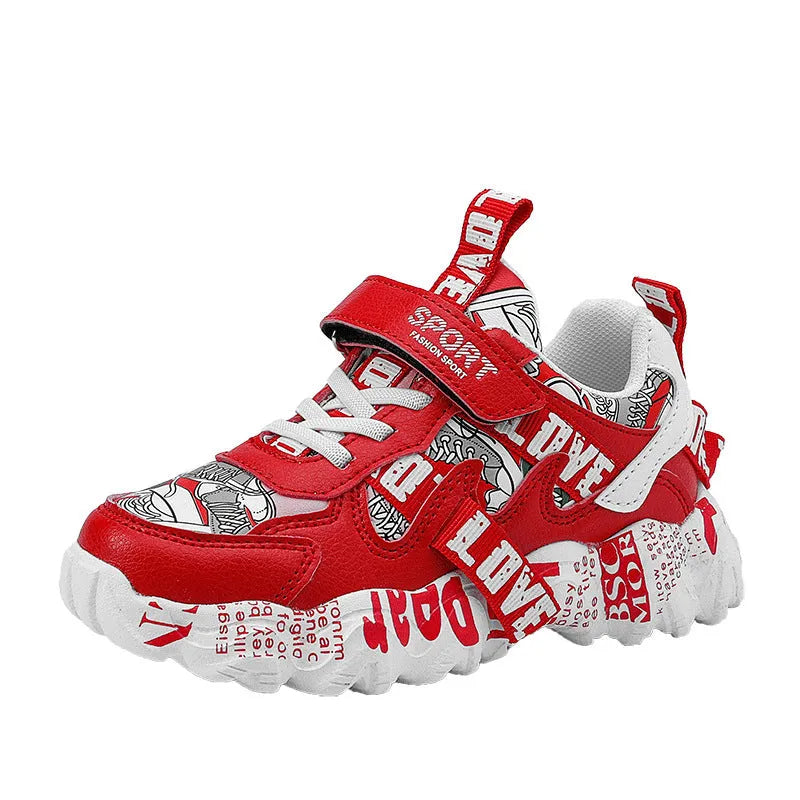 Kids blue and white sneakers with velcro strap on a rubber sole.
