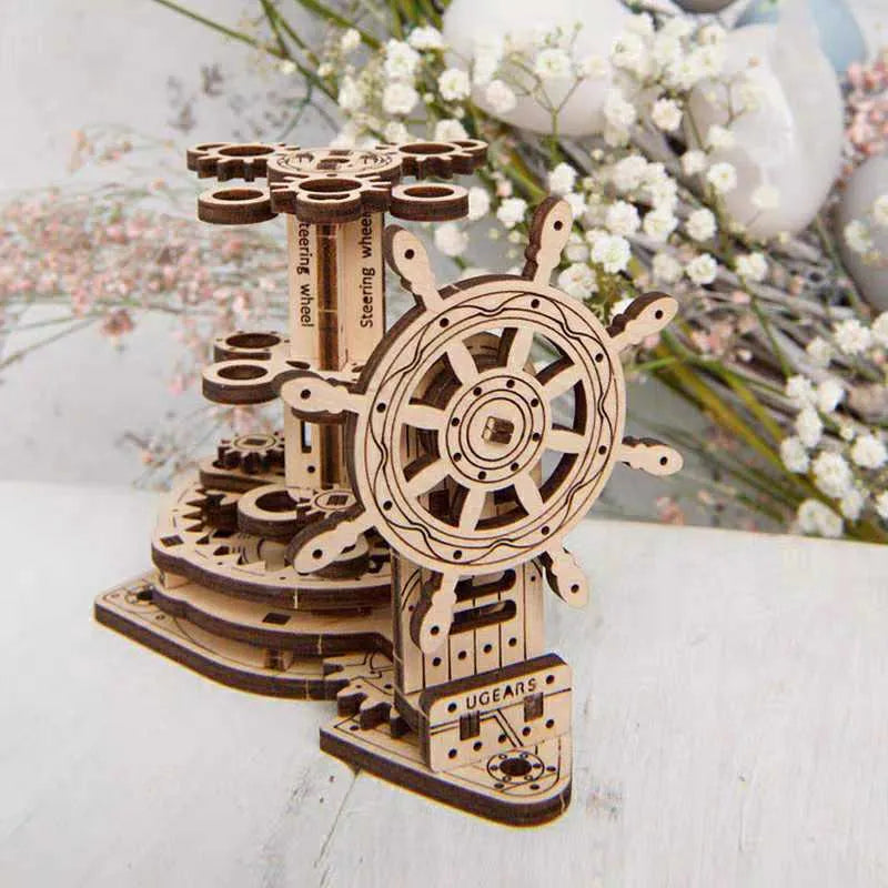Ukrainian wooden machinery model pen holder with rotating base and 12 slots, in photo-colour finish.