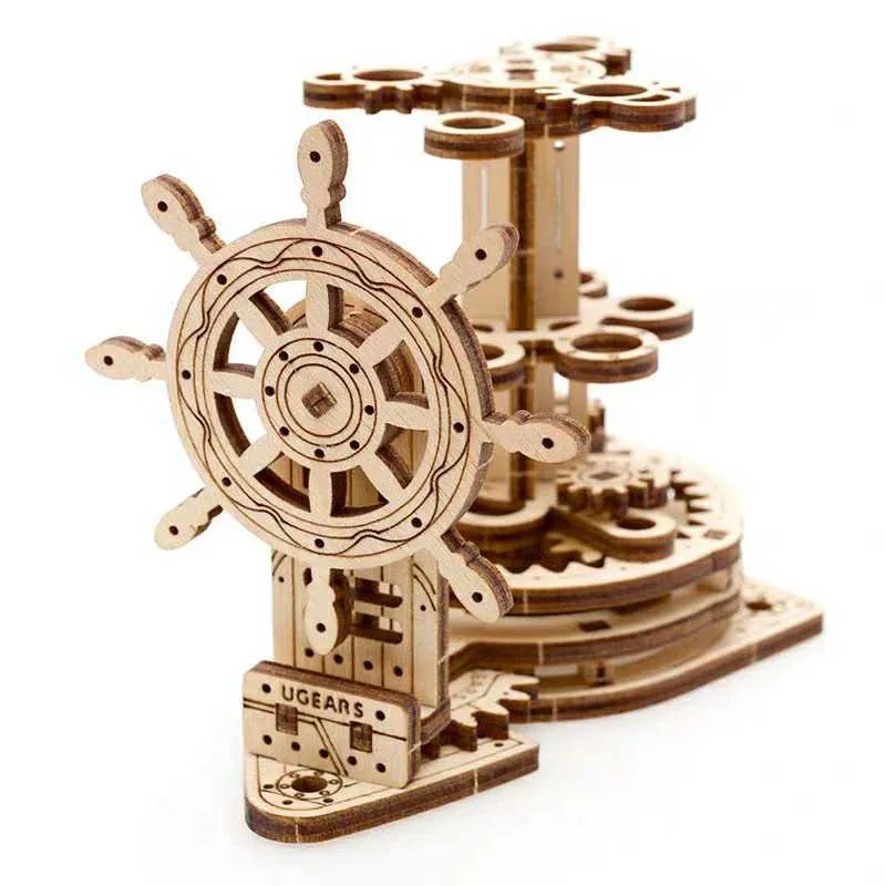 Ukrainian wooden machinery model pen holder with rotating base and 12 slots, in photo-colour finish.
