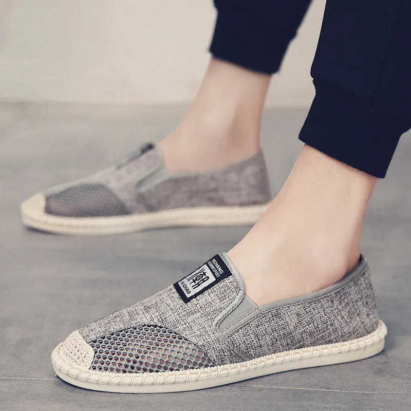Men's summer canvas fisherman shoes, microfiber leather lazy slip-on, available in black, beige, and gray, sizes 39-44, with rubber sole