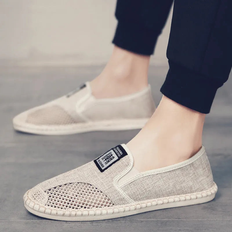 Men's summer canvas fisherman shoes, microfiber leather lazy slip-on, available in black, beige, and gray, sizes 39-44, with rubber sole